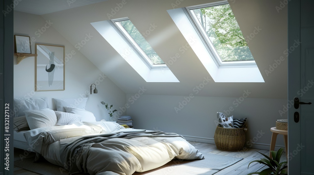 Fresh Look at Minimalist Attic Bedroom With Sloped Ceilings And Skylights Stock Photo