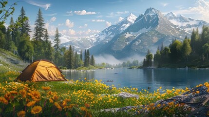 Wall Mural - Travel and camping adventure lifestyle with outdoor tent. Springtime camping beside the lake and mountain