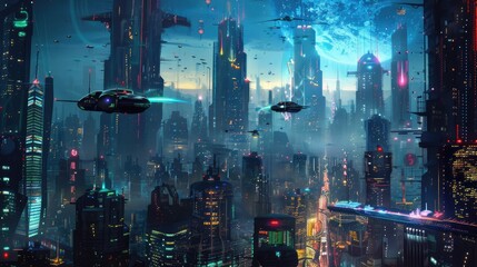 Wall Mural - A futuristic city skyline with towering skyscrapers and flying cars, illuminated by neon lights and advanced technology