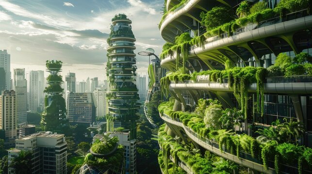 A futuristic cityscape with green buildings, vertical gardens, and advanced sustainable technology