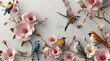 © Free - blue bird is perched on a branch with white and pink flowers.