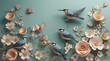 © Free - blue bird is perched on a branch with white and pink flowers.