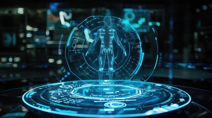 Poster - A futuristic digital assistant, represented by a holographic figure, providing information and performing tasks