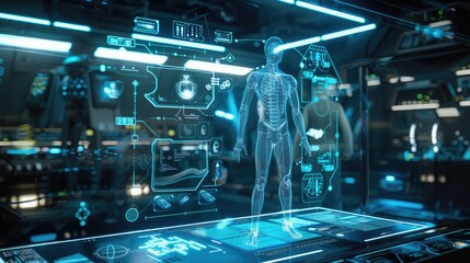Poster - A futuristic digital assistant, represented by a holographic figure, providing information and performing tasks