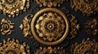 © Free - Black marble wall with gold ornate flourishes and a large gold decorative medallion in the center.