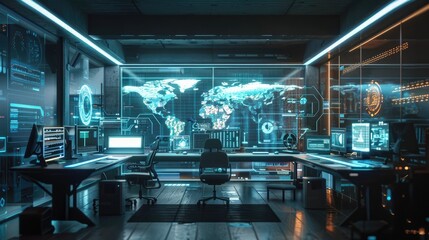 Poster - A high-tech workspace with transparent screens, holographic displays, and advanced communication devices