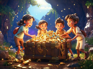 Ai generate illustration of a child finding a golden treasure in the forest model 2