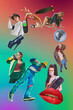 © master1305 - Skate and vibe, Youth in motion. Young boys and girls showing old style fashion and retro gadgets on gradient background. Creative collage. Concept of youth culture, y2k, fashion, 90s, generation z