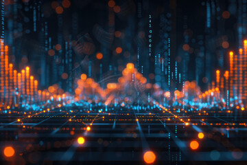 Abstract digital landscape with glowing lines and orbs, representing data and technology.