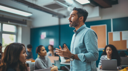 Educator gesturing broadly while speaking to students in a modern classroom setting, indicative of learning and mentorship