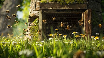 Beehive entrance with bees flying in and out, honey cells, bees at work. Pollination, honeybee, apis, apiary, nature, beekeeping, agriculture, bee house, domestic bees, honey. Generative by AI.