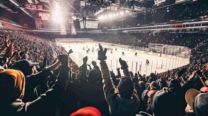 Hockey, fans, show, performance, skates, fans, hands up. Competition, hockey, ice rink, collision, drawn style, puck, stick, traumatic sport, rivalry, match. Generative by AI.