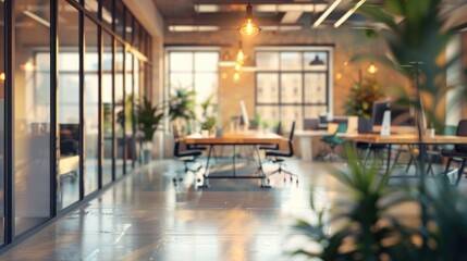 Poster - Blurred background of a contemporary office space with wide windows and attractive lighting