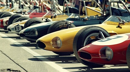 Row of sleek retro racing cars is lined up on eve, intense competition. Racing, games, high speeds, training ride, car simulators, image for poster, colorful cars. Generative by AI.