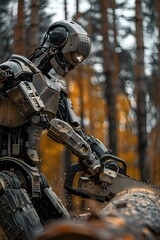 Wall Mural - A humanoid robot lumberjack cuts a log with a chainsaw in the autumn forest