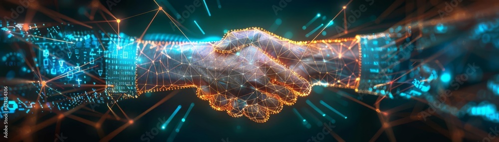 A handshake rendered in a digital mesh, surrounded by an abstract ...