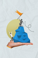 Poster - Collage 3d image of pinup pop retro sketch of funny people climb mountain flag finish achieve dream unusual fantasy billboard comics