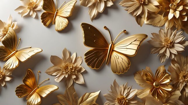 depicts a white background with gold 3D butterflies and flowers.