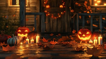 Poster - fantastic dark background with Halloween pumpkins, candles and autumn leaves on the porch of a wooden house with free space for text insertion