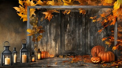 Poster - dark background with Halloween pumpkins, candles and autumn leaves on the porch of a wooden house with free space for text insertion