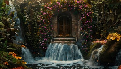 Wall Mural - Secret door hidden behind a waterfall leading to a fairy kingdom