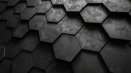 Abstract geometric pattern of black hexagonal shapes in a repeating pattern.  The shapes have a textured surface.  A great background for modern and industrial designs.