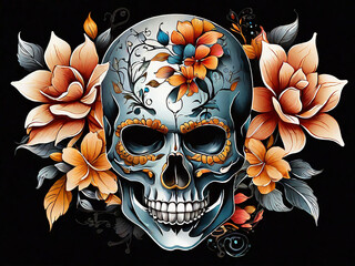 Skull tatoo face vector illustration with two side of flower water color with Black background for 
