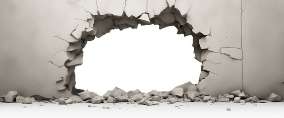 Image of a broken wall with a large hole in the center, surrounded by cracks and rubble, ideal for construction and demolition themes.