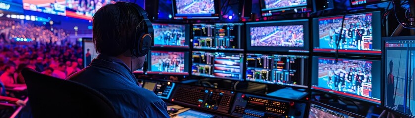 a professional broadcast setup at a nighttime sports event, with a technician monitoring multiple sc