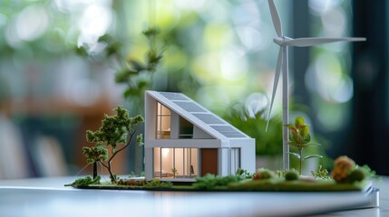 House model with wind turbine,solar panels, green ecology, energy concept 