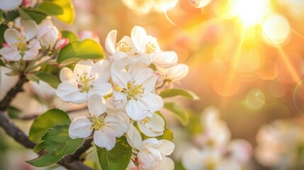 Wall Mural - Blooming apple trees with white flowers in the warm glow of the setting sun Vibrant spring hues and delicate blossoms of an apple tree in full bloom captured up close on a sunny day