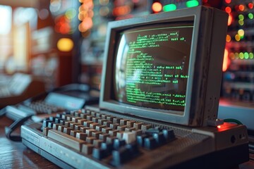 Retro software installation on vintage computer, closeup, isolated, high detail, copy space