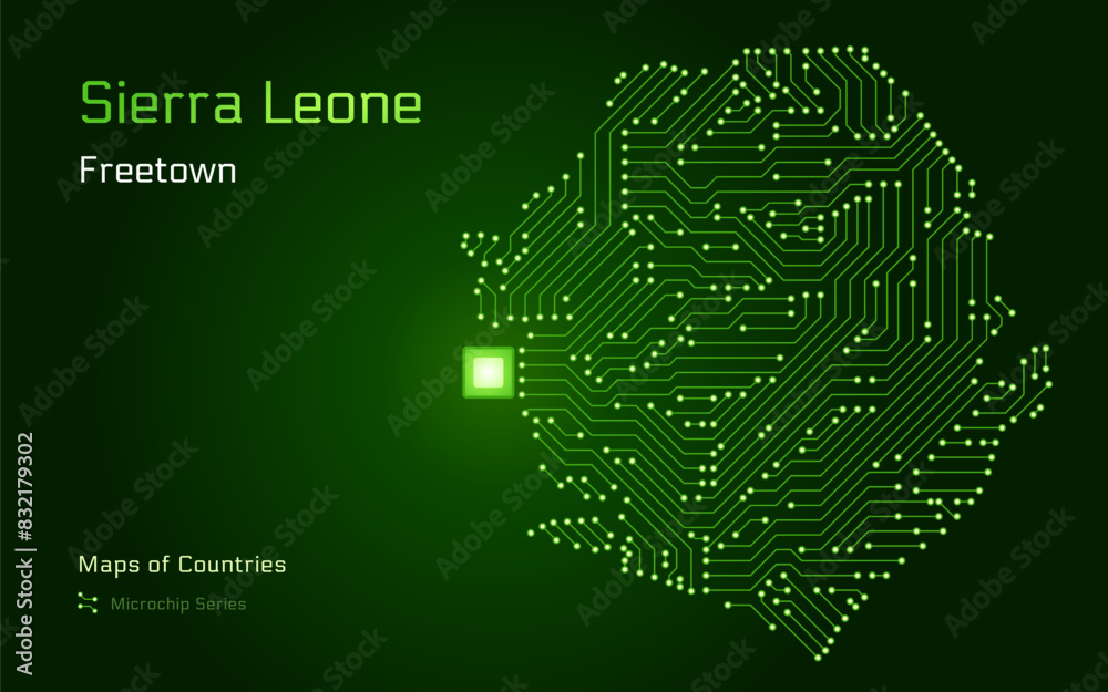 Sierra Leone Map with a capital of Freetown Shown in a Microchip ...
