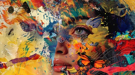 Poster - A vibrant and abstract portrait merges human elements with colorful splashes, showcasing artistic expression and surreal imagination.