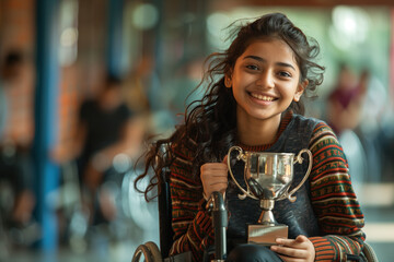 Wall Mural - Happy Girl in a Wheelchair Holding a Trophy.