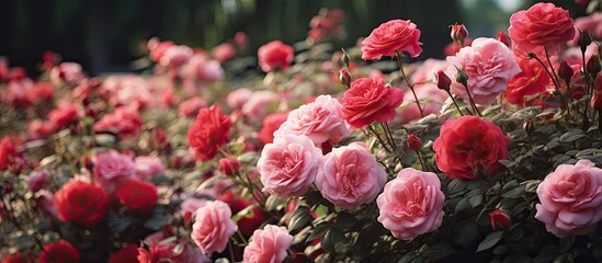 Poster - Many species of roses bloom in the Rose Garden. Creative banner. Copyspace image
