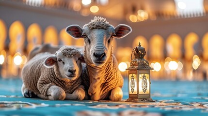Eid al adha Mubarak background moslem eid al fitri, lantern, ramadan, eid al adha concept background, cute sheep and cow in light blue background 