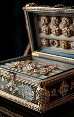 Ornate vintage jewelry box with intricate designs, displaying various gold rings and accessories, set against a dark background.