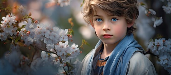 Sticker - Portrait of a sweet sad little boy with blue eyes in a blooming garden. Creative banner. Copyspace image