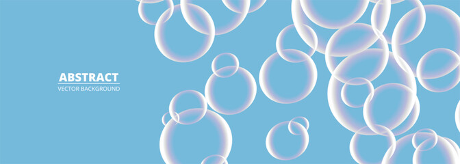 Poster - Blue wide abstract background with soap bubbles. Realistic 3d transparent bubbles on vector illustration wide banner.