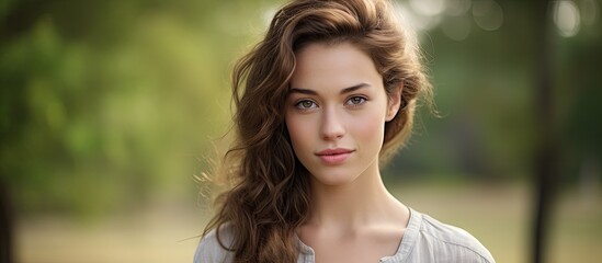 Poster - A portrait of a beautiful young Caucasian woman outdoor. Creative banner. Copyspace image