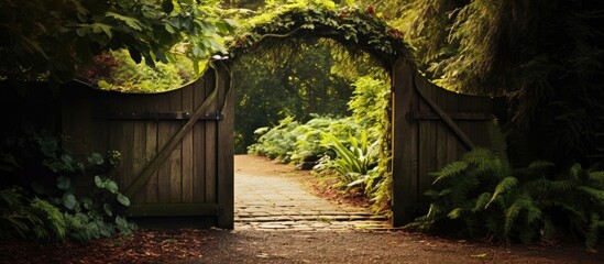 Sticker - wooden gate leading in the garden. Creative banner. Copyspace image