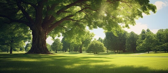 Poster - Lawn with bright green grass in a park with a large tree and sunlight. Creative banner. Copyspace image