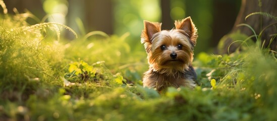 Wall Mural - Dog yorkshire terrier in the green grass. Creative banner. Copyspace image