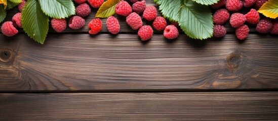 Fototapete - a scattering of raspberry and raspberry leaves on a wooden background. Creative banner. Copyspace image