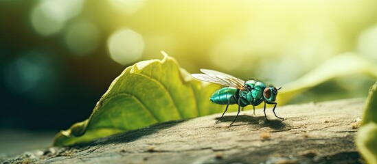 Poster - a green fly that perches on a leaf and finally flies back because of the wind. Creative banner. Copyspace image