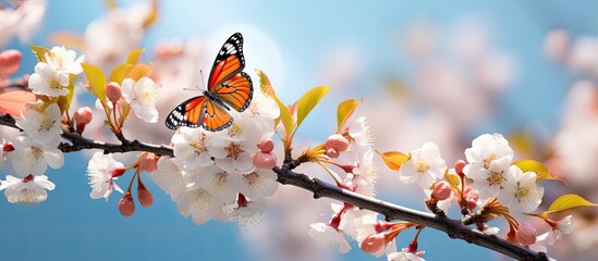 Poster - Spring image with butterfly and blossoming fruit tree Springtime nature abstract Clouseup. Creative banner. Copyspace image