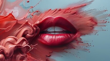 Vibrant pink lipstick on a creative red paint splash background for artistic concepts