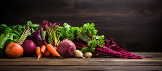 Poster - fresh farm vegetables beetroot carrots and cucumbers on an old wooden background. Creative banner. Copyspace image