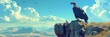 © Digital Artistry Den - Majestic low poly vulture statue perched high on a rugged cliff silently surveying the vast wilderness and scenic plains below with a commanding presence